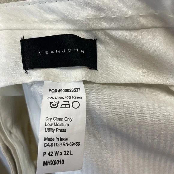 Sean John Mens 42x32 Pants Beige Pleated Linen Blend Cuffed Dress Lightweight - Picture 7 of 7